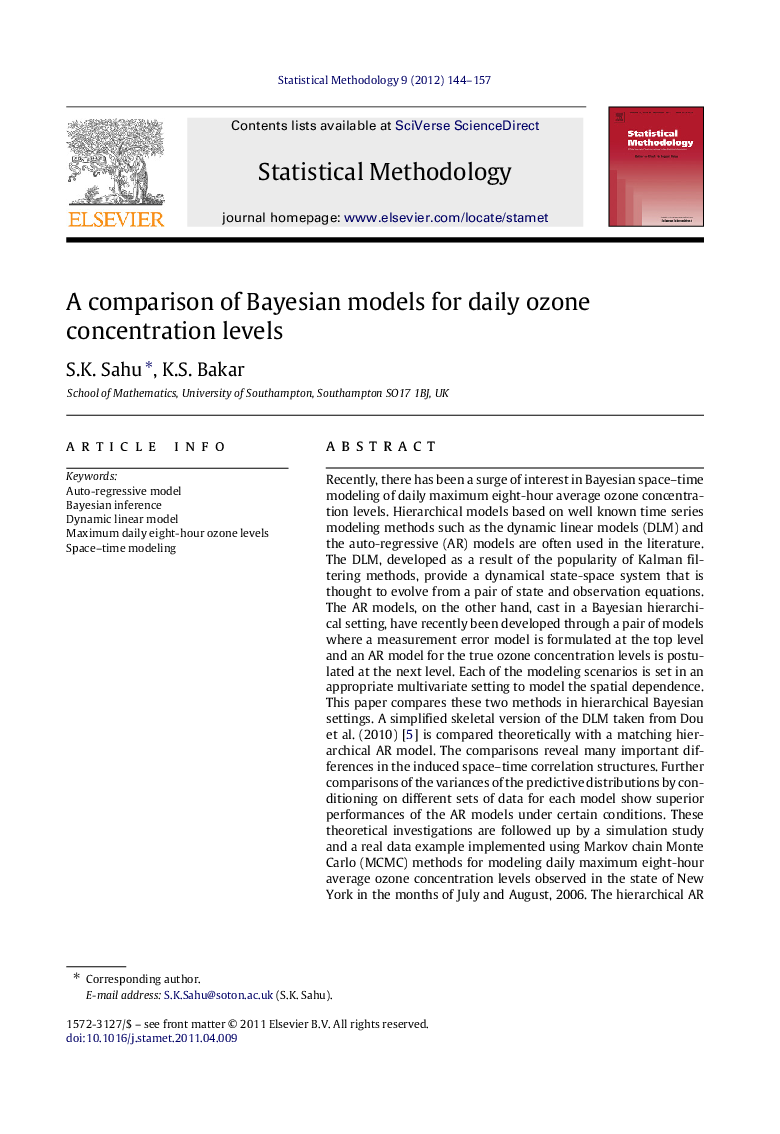 A comparison of Bayesian models for daily ozone concentration levels