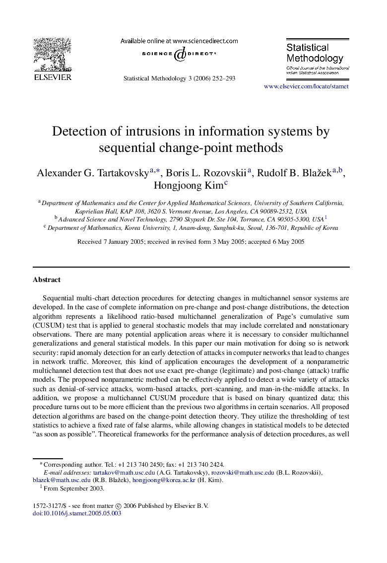 Detection of intrusions in information systems by sequential change-point methods