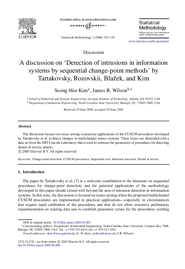 A discussion on ‘Detection of intrusions in information systems by sequential change-point methods’ by Tartakovsky, Rozovskii, Blažek, and Kim