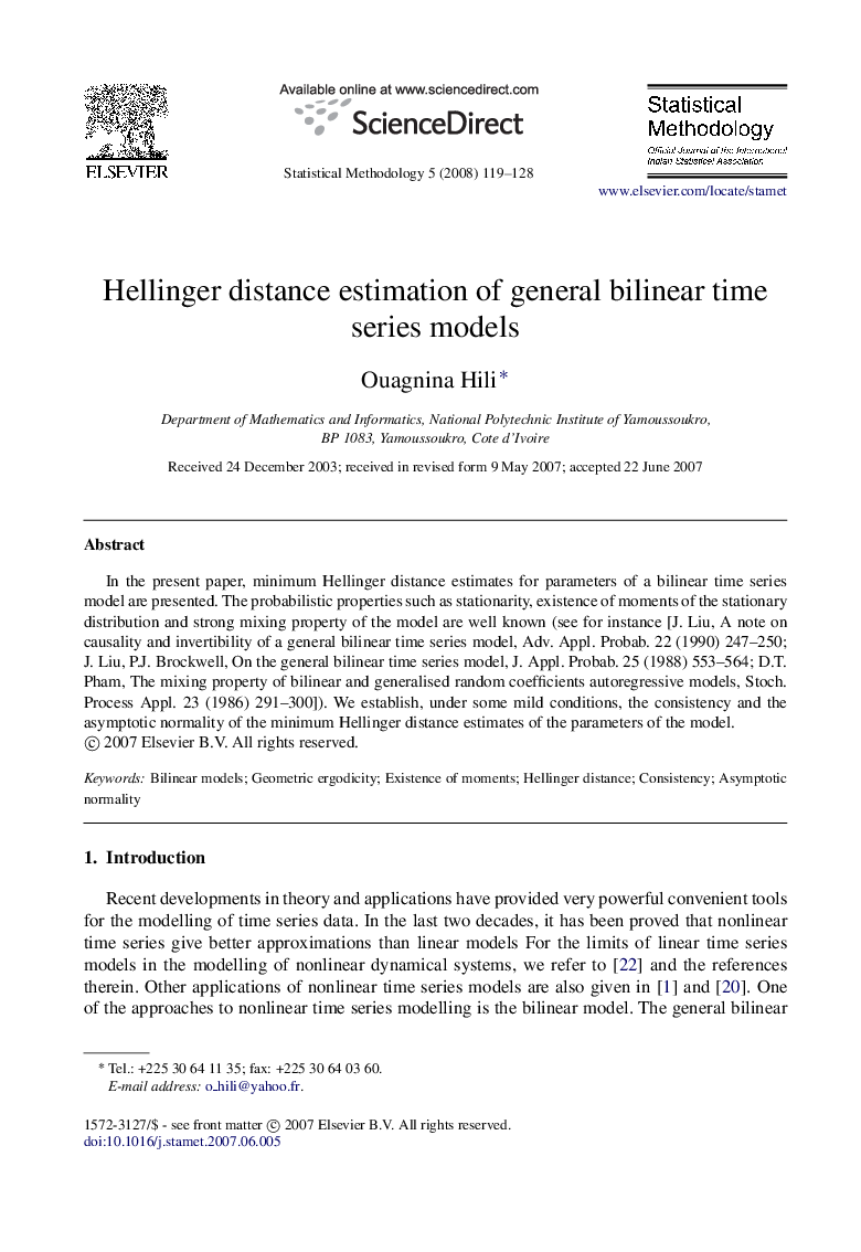 Hellinger distance estimation of general bilinear time series models