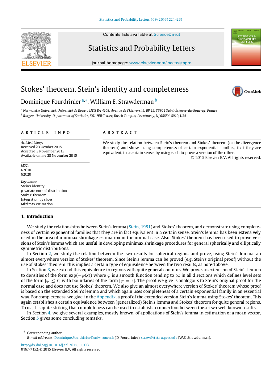 Stokes’ theorem, Stein’s identity and completeness