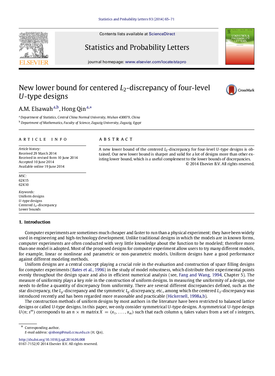 عکس صفحه اول مقاله: New lower bound for centered L2L2-discrepancy of four-level UU-type designs New lower bound for centered L2L2-discrepancy of four-level UU-type designs
