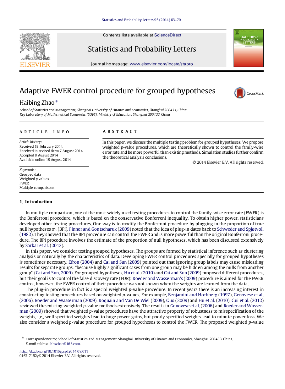 Adaptive FWER control procedure for grouped hypotheses