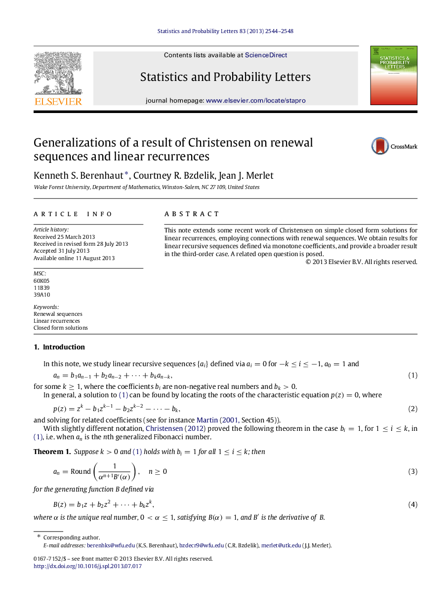 Generalizations of a result of Christensen on renewal sequences and linear recurrences