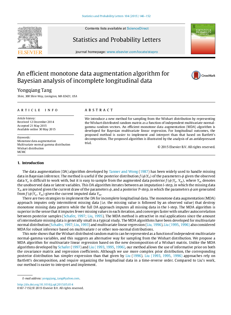 An efficient monotone data augmentation algorithm for Bayesian analysis of incomplete longitudinal data