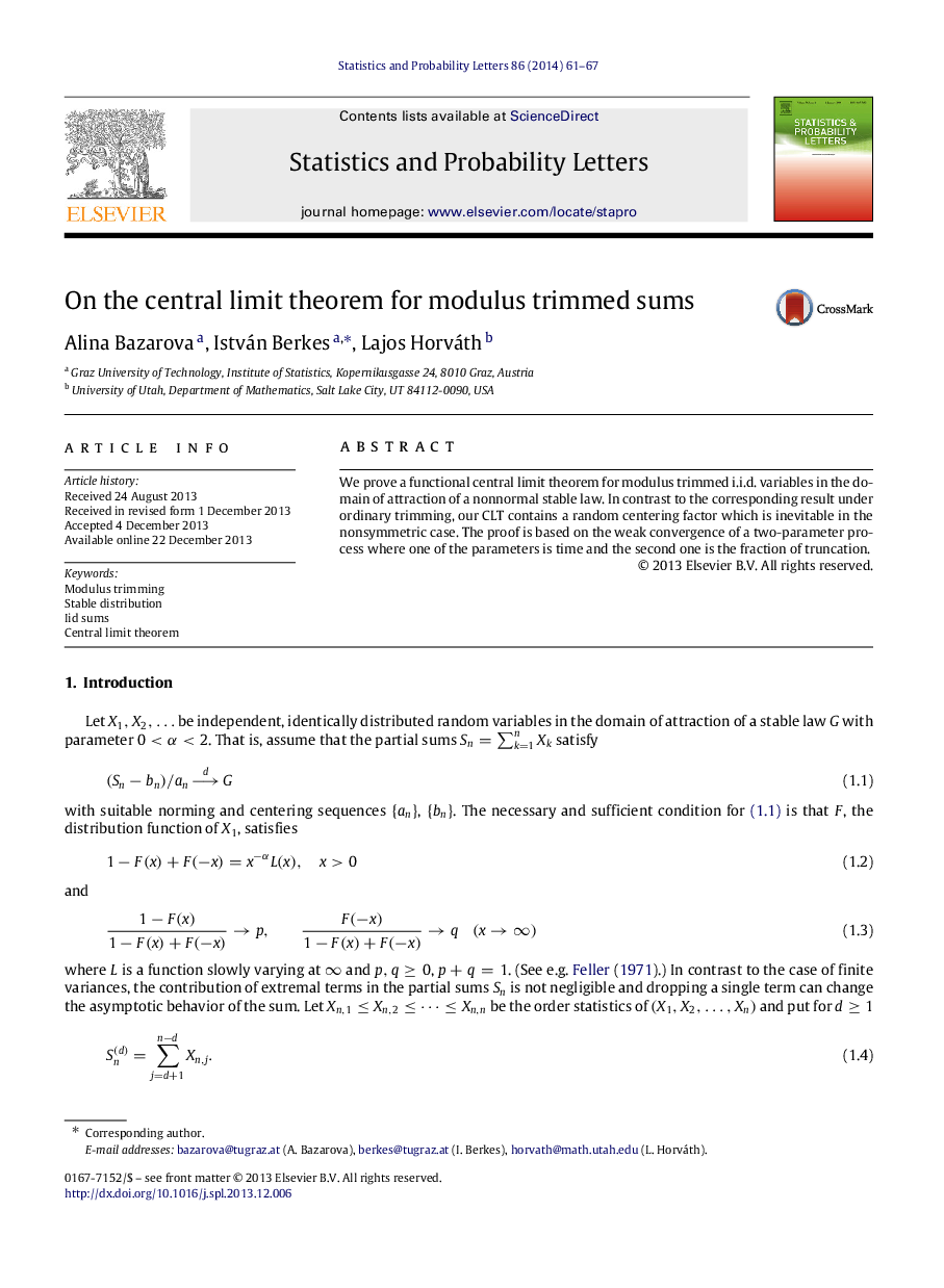 On the central limit theorem for modulus trimmed sums