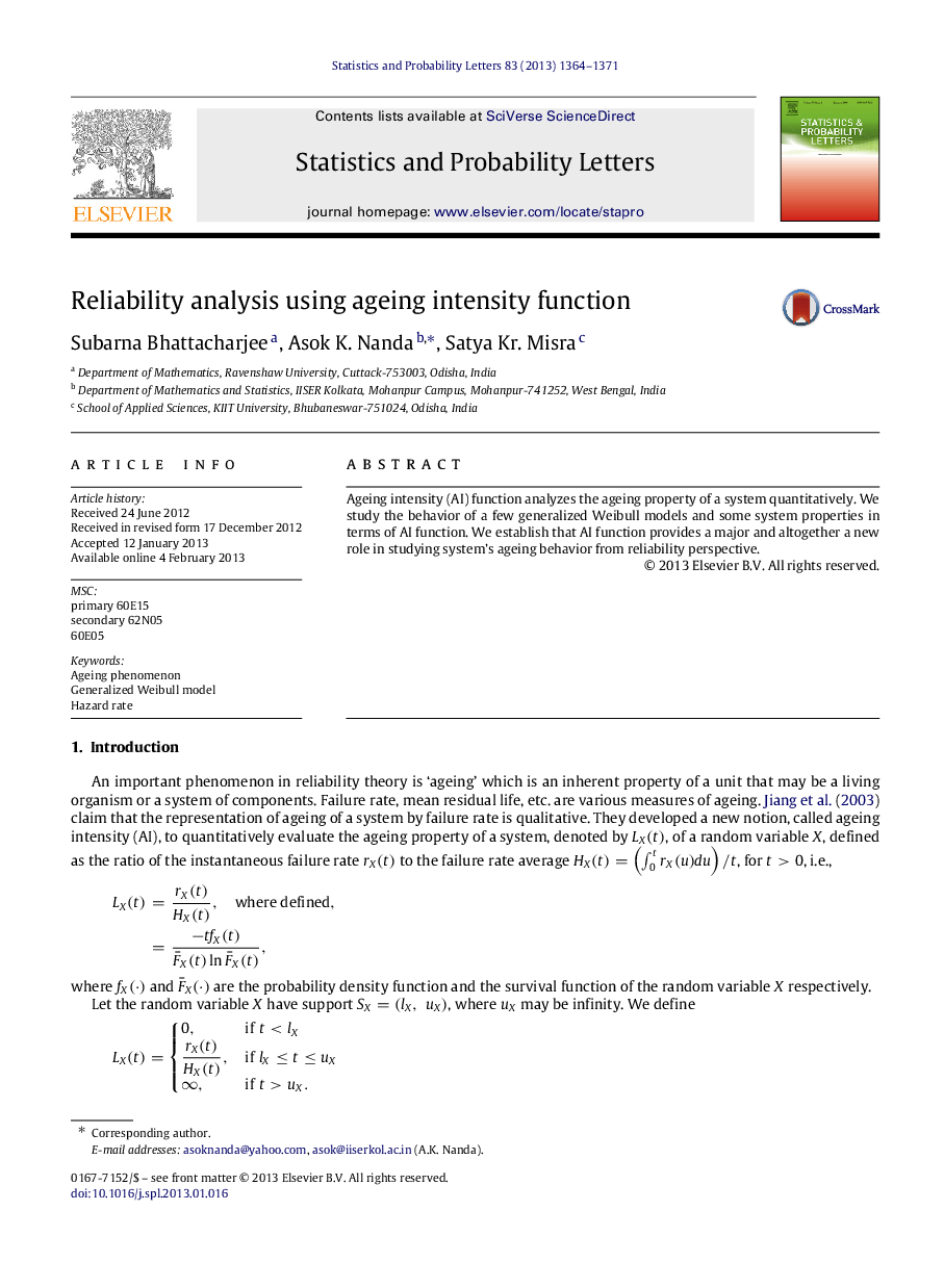 Reliability analysis using ageing intensity function