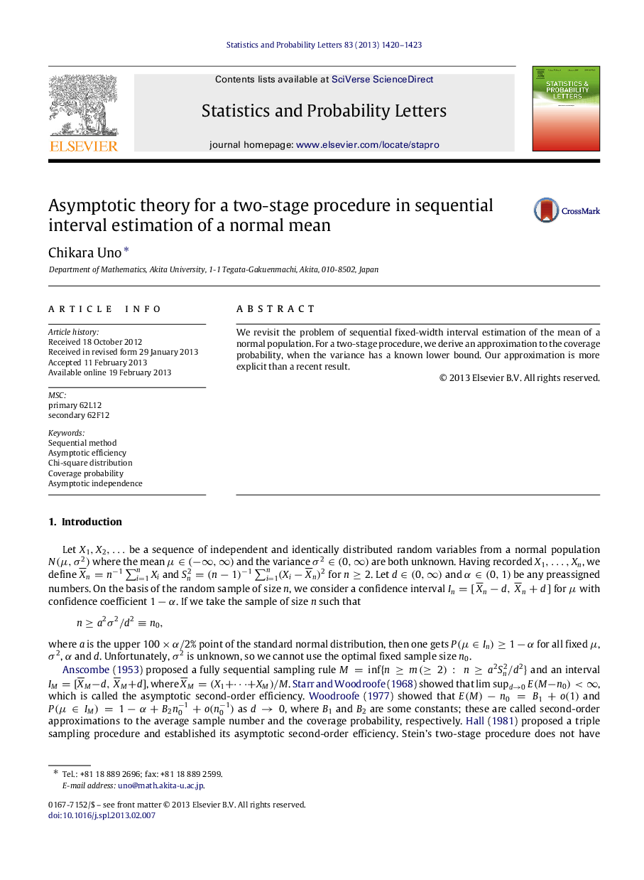 Asymptotic theory for a two-stage procedure in sequential interval estimation of a normal mean