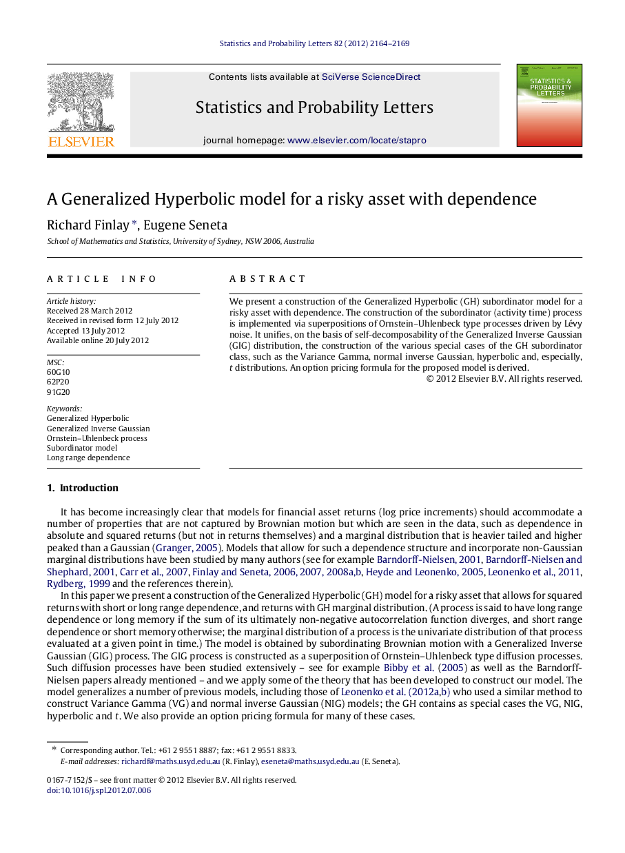 A Generalized Hyperbolic model for a risky asset with dependence