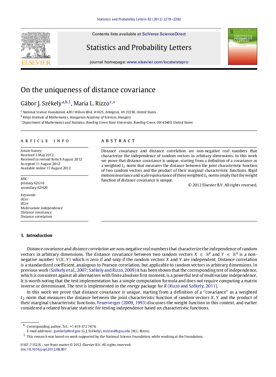 On the uniqueness of distance covariance