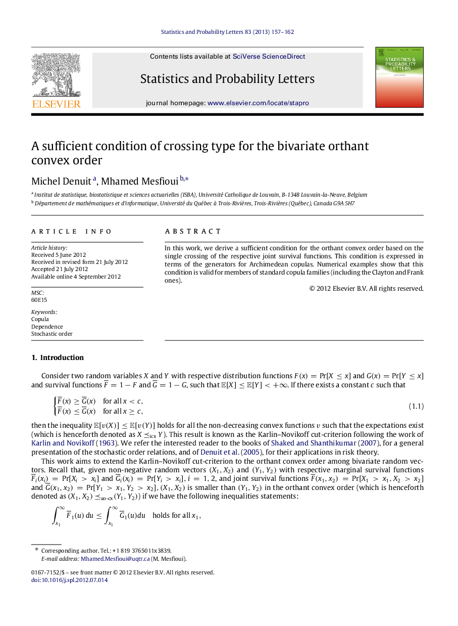 A sufficient condition of crossing type for the bivariate orthant convex order