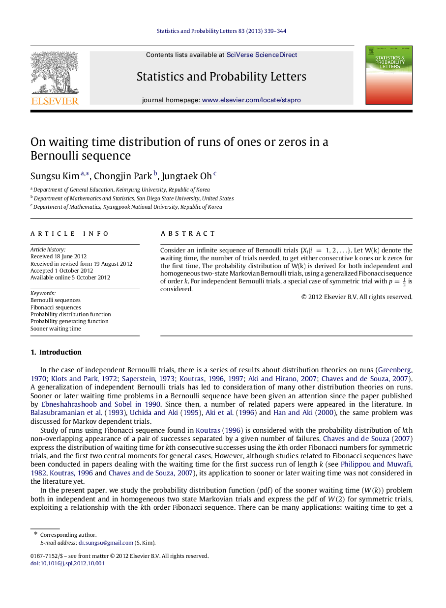 On waiting time distribution of runs of ones or zeros in a Bernoulli sequence