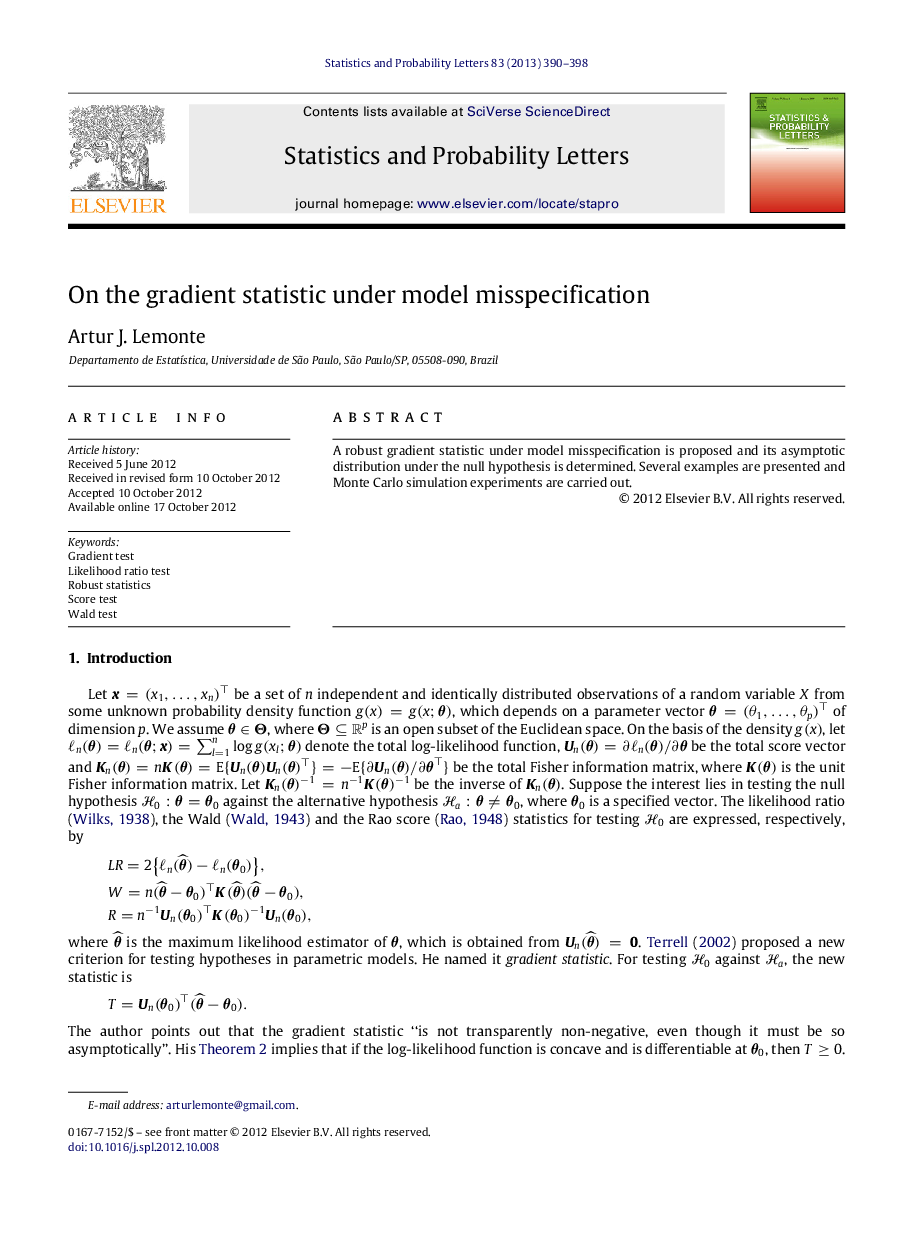 On the gradient statistic under model misspecification