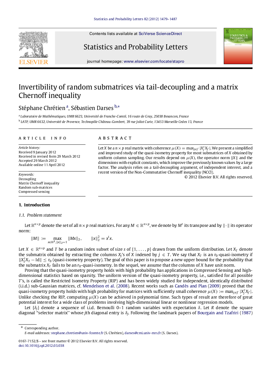 Invertibility of random submatrices via tail-decoupling and a matrix Chernoff inequality