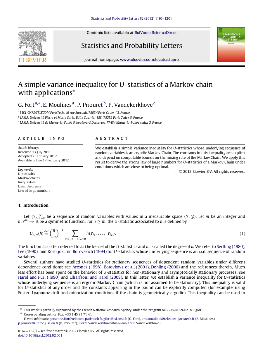 A simple variance inequality for U-statistics of a Markov chain with applications