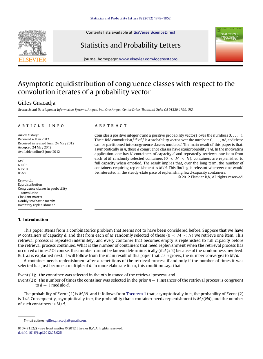 Asymptotic equidistribution of congruence classes with respect to the convolution iterates of a probability vector