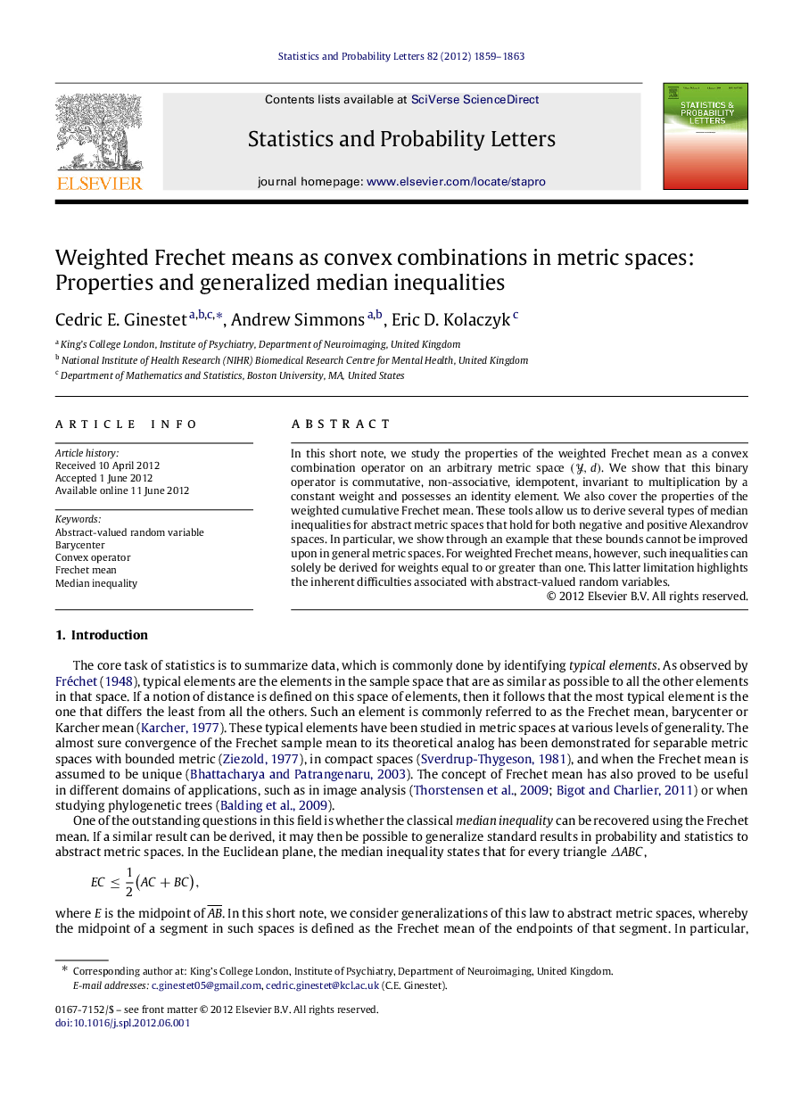 Weighted Frechet means as convex combinations in metric spaces: Properties and generalized median inequalities