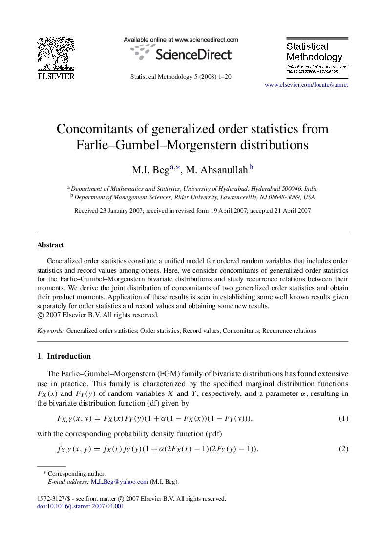 Concomitants of generalized order statistics from Farlie–Gumbel–Morgenstern distributions