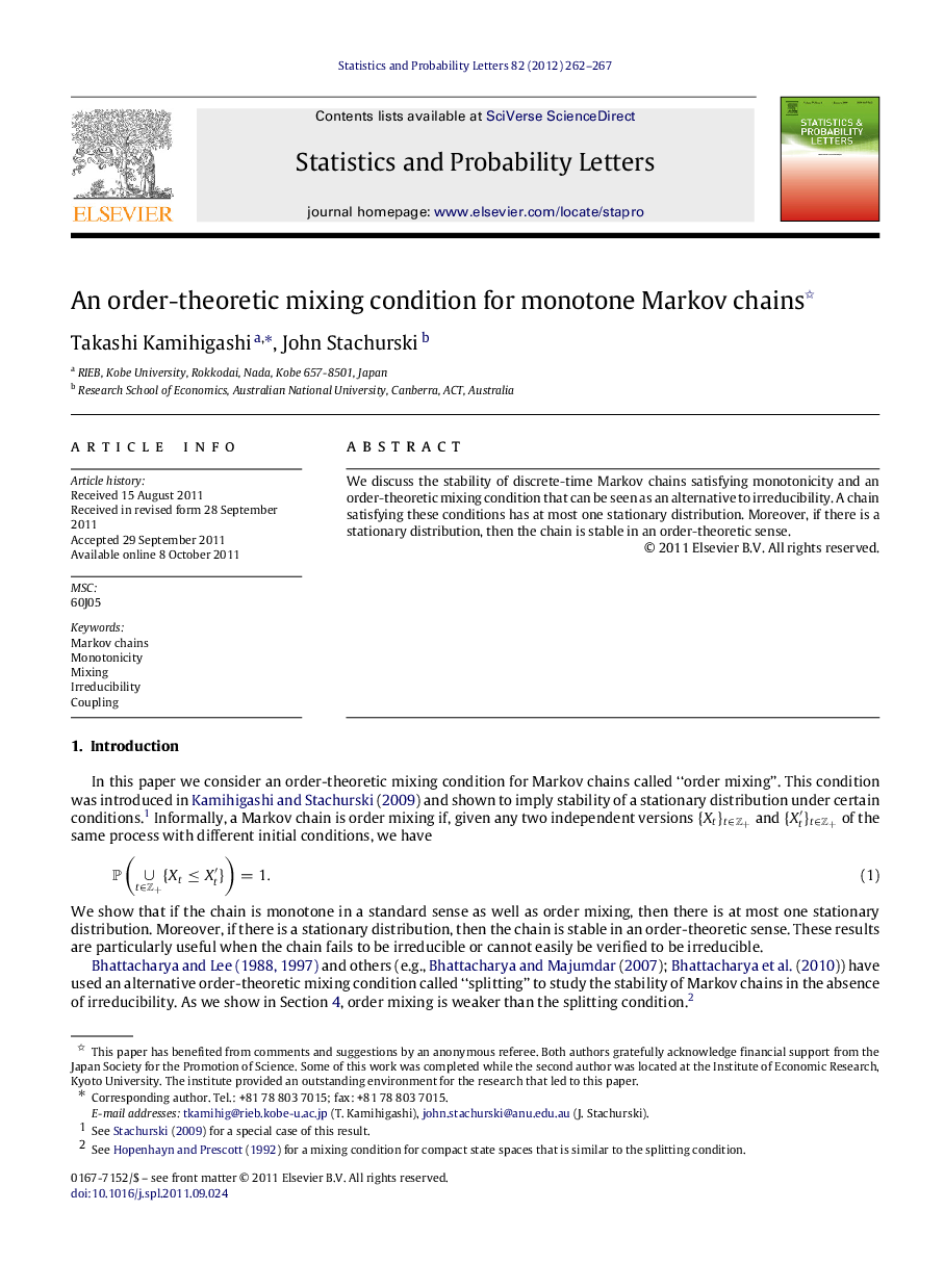 An order-theoretic mixing condition for monotone Markov chains 