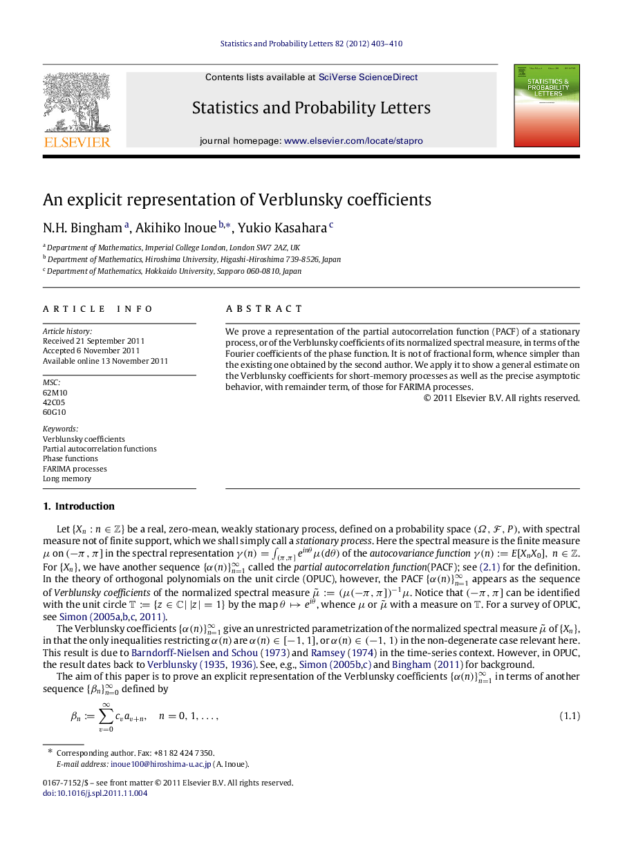 An explicit representation of Verblunsky coefficients