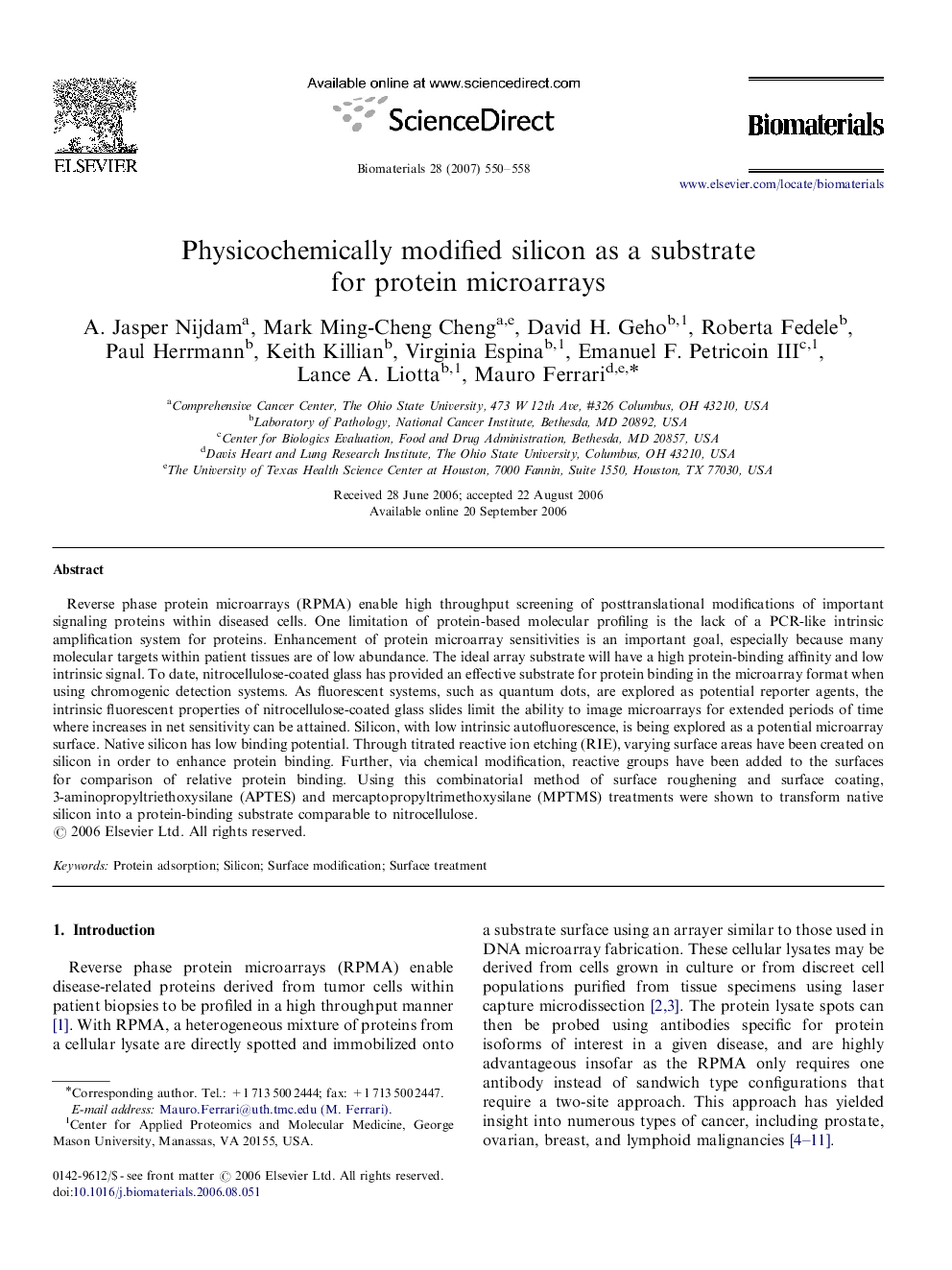 Physicochemically modified silicon as a substrate for protein microarrays