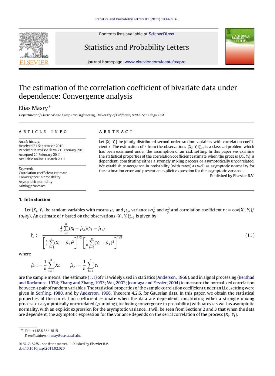 The estimation of the correlation coefficient of bivariate data under dependence: Convergence analysis