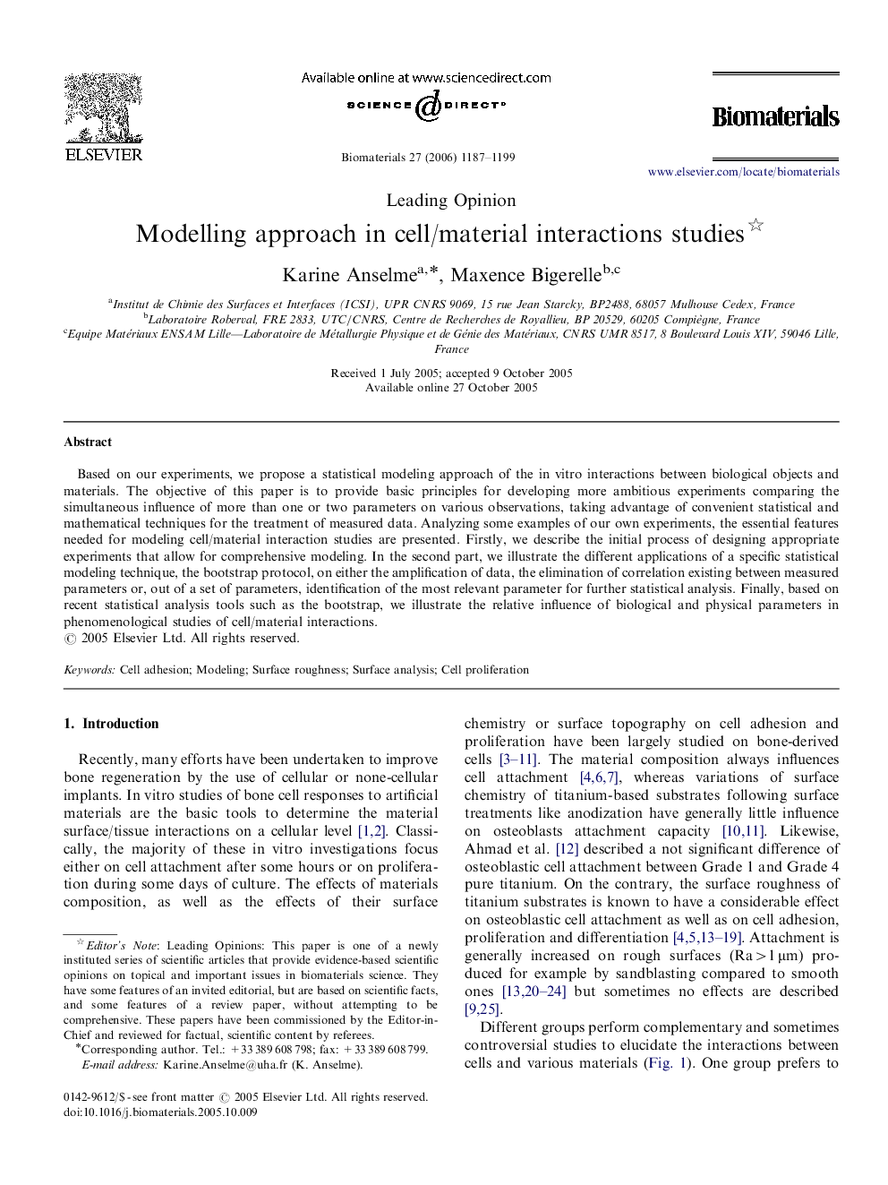 Modelling approach in cell/material interactions studies 