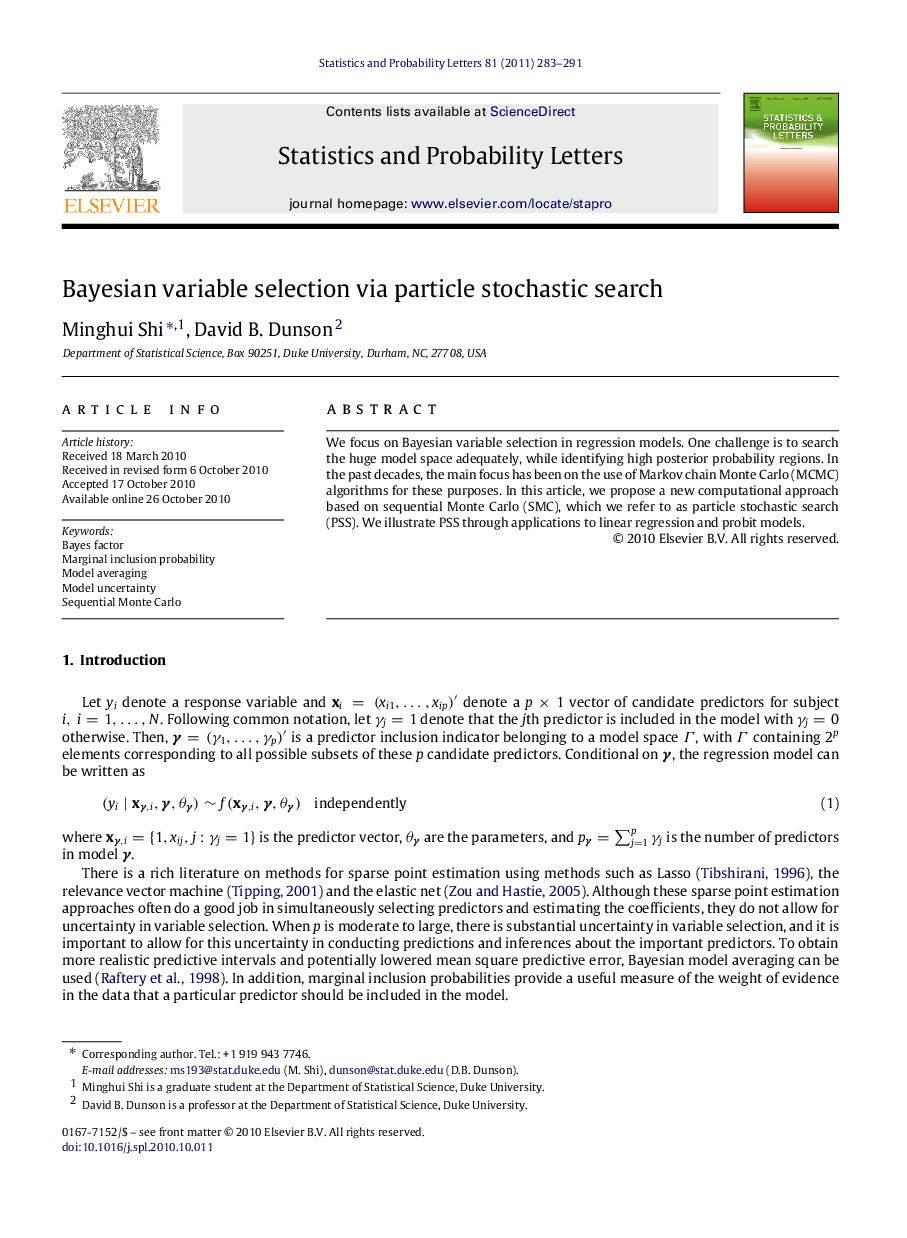 Bayesian variable selection via particle stochastic search