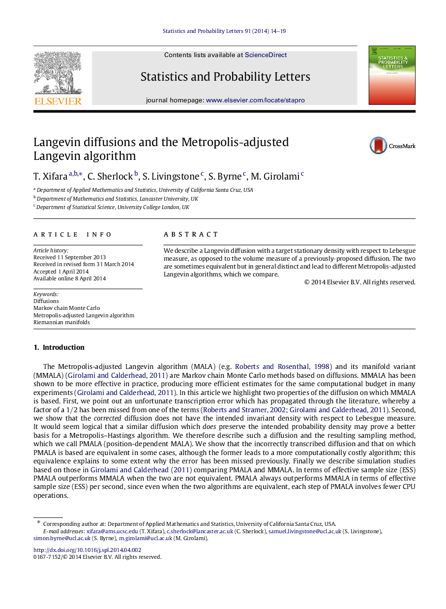 Langevin diffusions and the Metropolis-adjusted Langevin algorithm