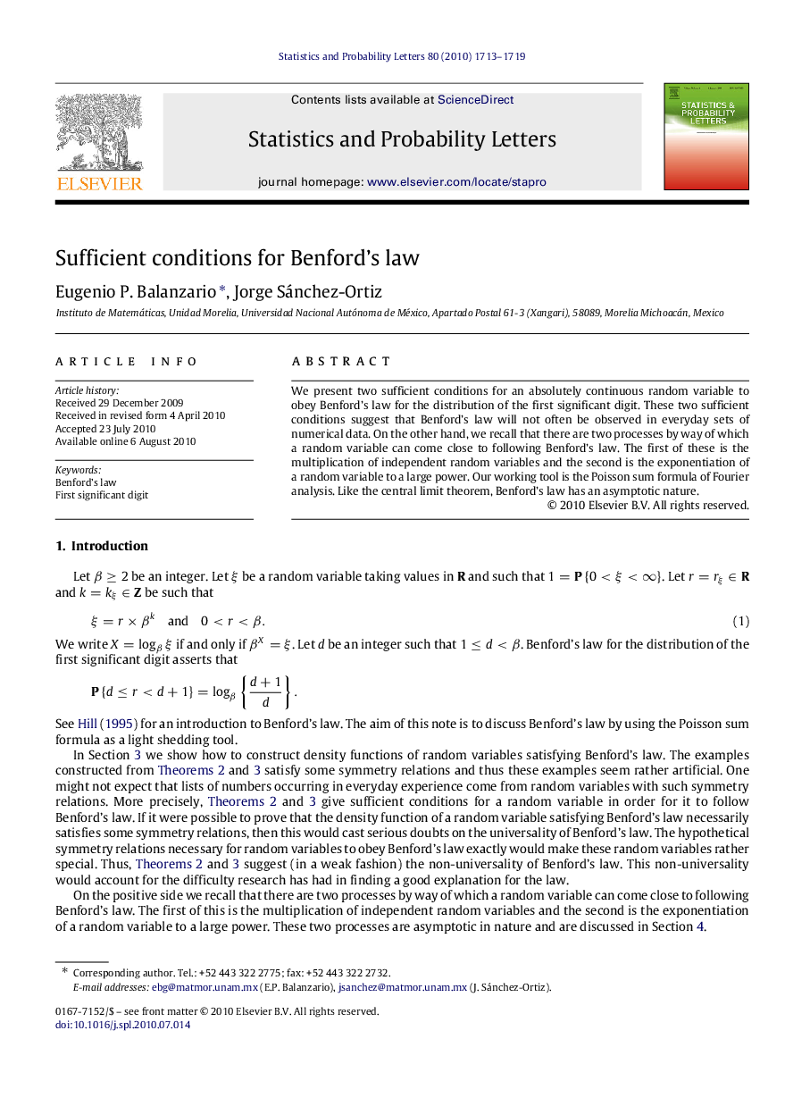 Sufficient conditions for Benford’s law