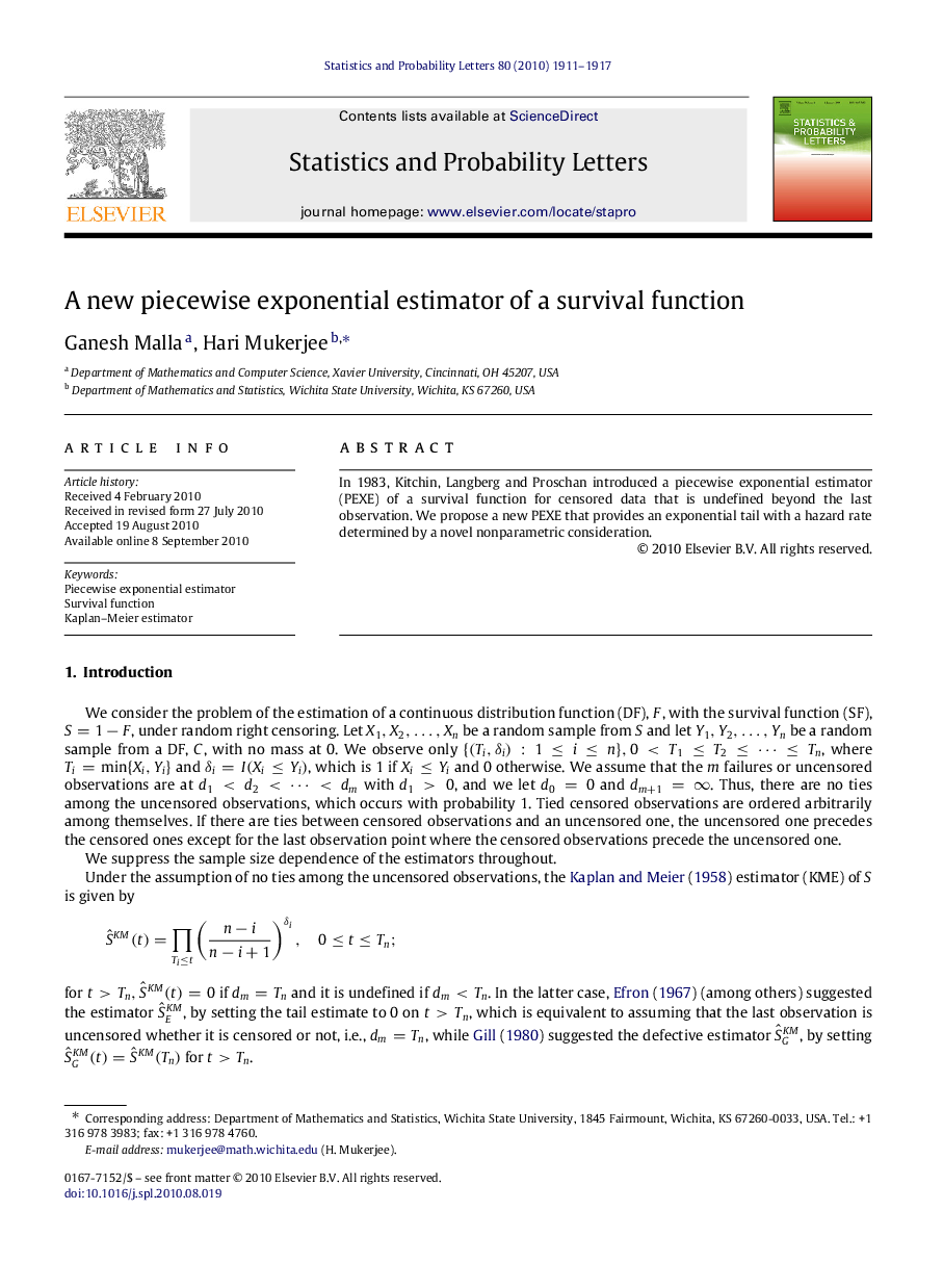 A new piecewise exponential estimator of a survival function