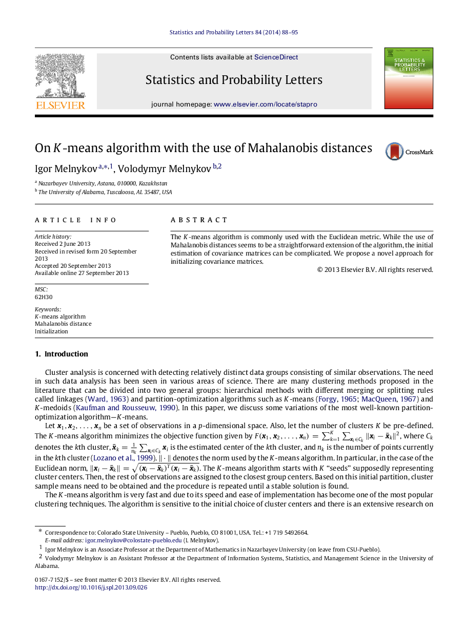 On KK-means algorithm with the use of Mahalanobis distances