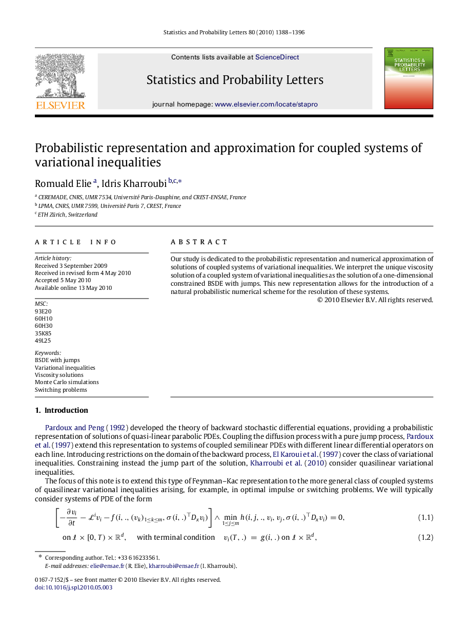 Probabilistic representation and approximation for coupled systems of variational inequalities