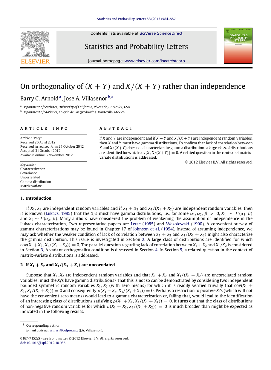 On orthogonality of (X+Y)(X+Y) and X/(X+Y)X/(X+Y) rather than independence