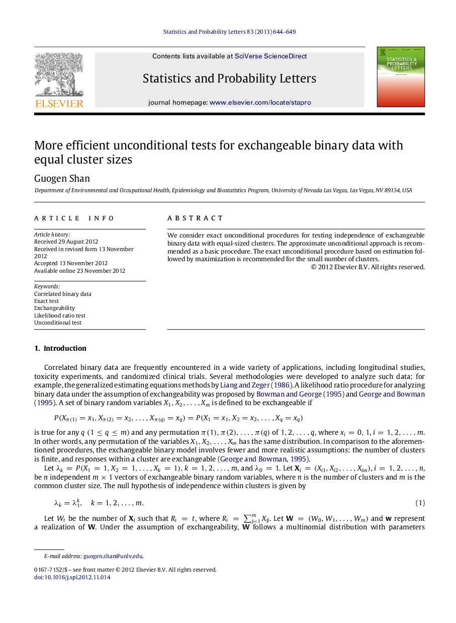 More efficient unconditional tests for exchangeable binary data with equal cluster sizes