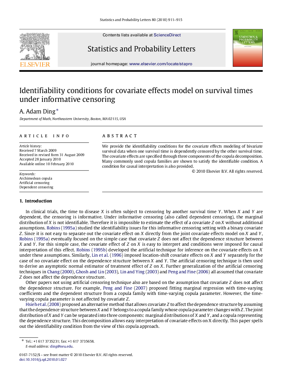 Identifiability conditions for covariate effects model on survival times under informative censoring