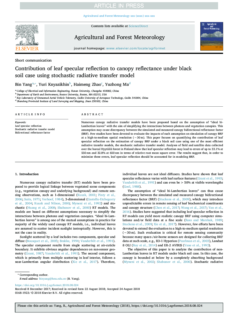 Contribution of leaf specular reflection to canopy reflectance under black soil case using stochastic radiative transfer model