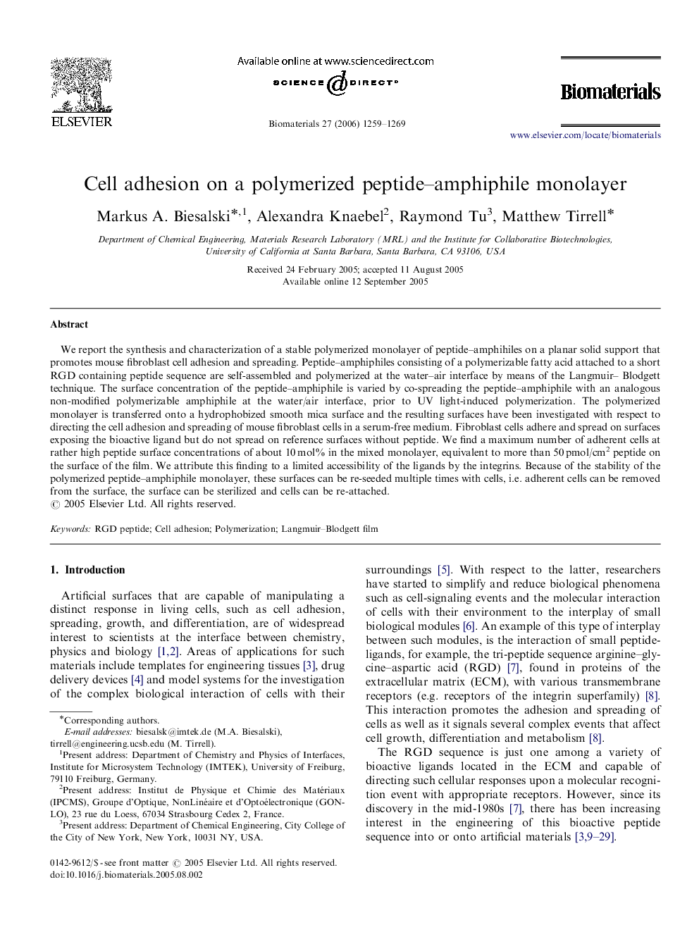 Cell adhesion on a polymerized peptide–amphiphile monolayer