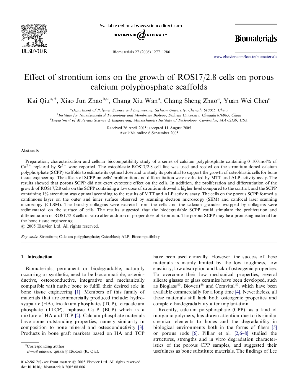 Effect of strontium ions on the growth of ROS17/2.8 cells on porous calcium polyphosphate scaffolds