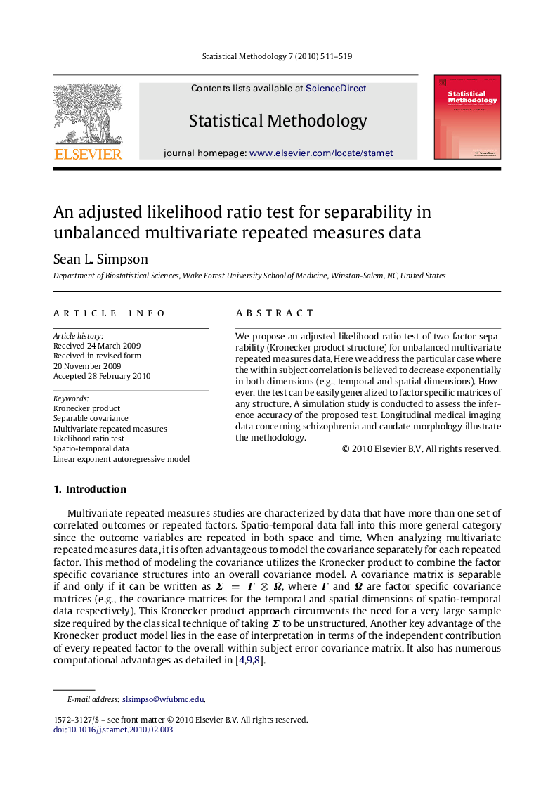 An adjusted likelihood ratio test for separability in unbalanced multivariate repeated measures data