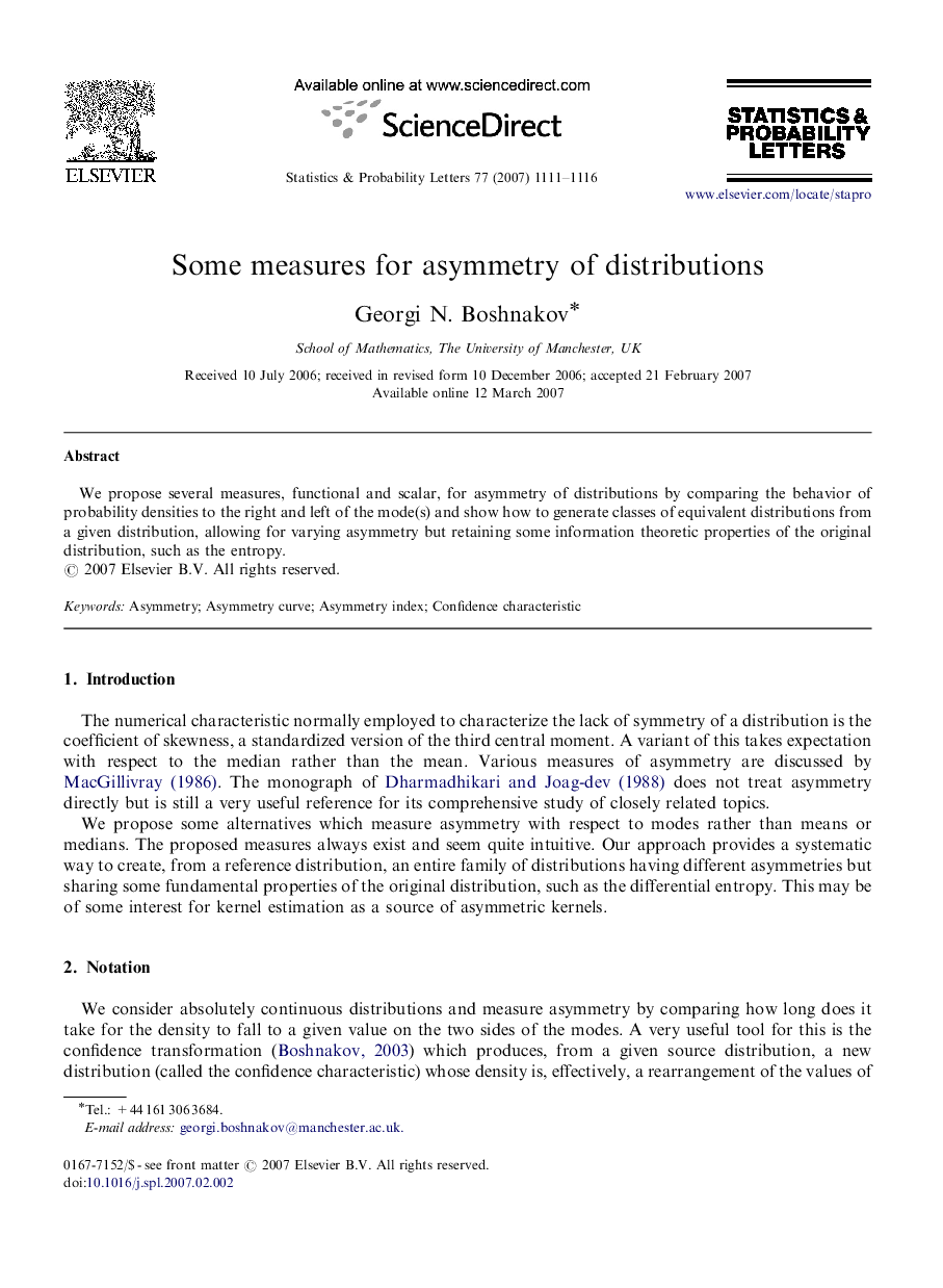 Some measures for asymmetry of distributions