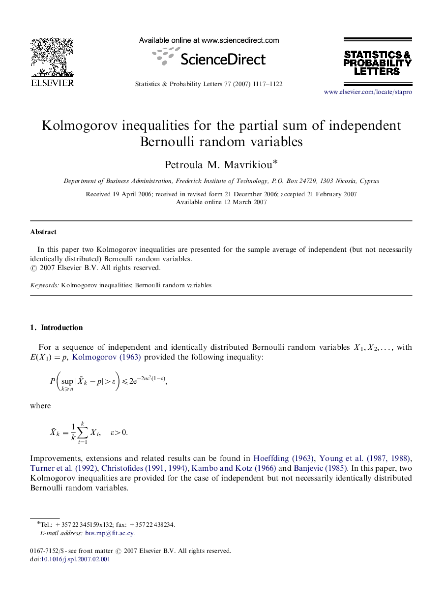 Kolmogorov inequalities for the partial sum of independent Bernoulli random variables