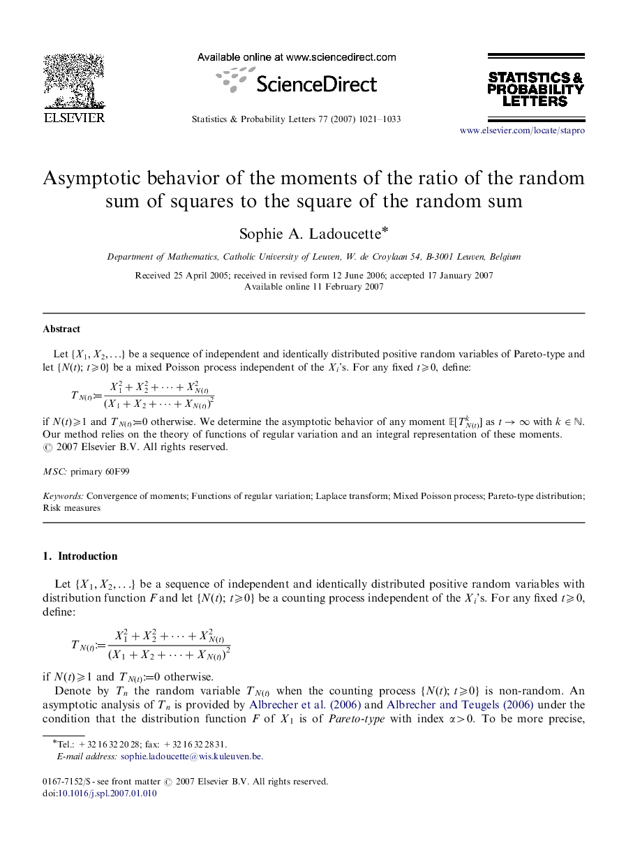 عکس صفحه اول مقاله: Asymptotic behavior of the moments of the ratio of the random sum of squares to the square of the random sum Asymptotic behavior of the moments of the ratio of the random sum of squares to the square of the random sum