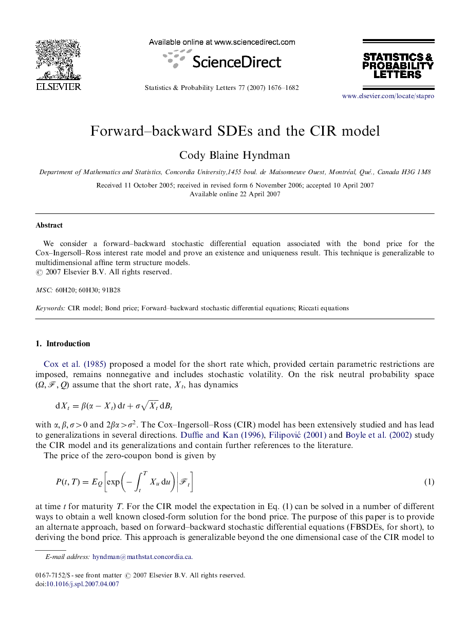 Forward–backward SDEs and the CIR model