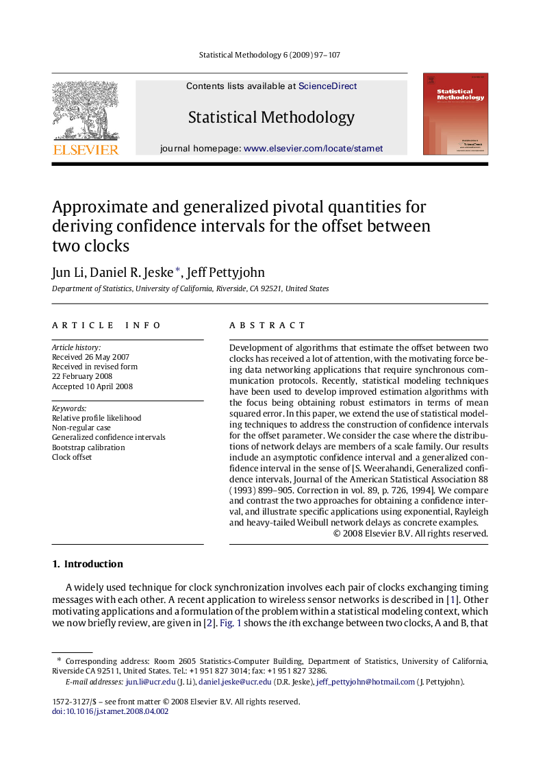 Approximate and generalized pivotal quantities for deriving confidence intervals for the offset between two clocks