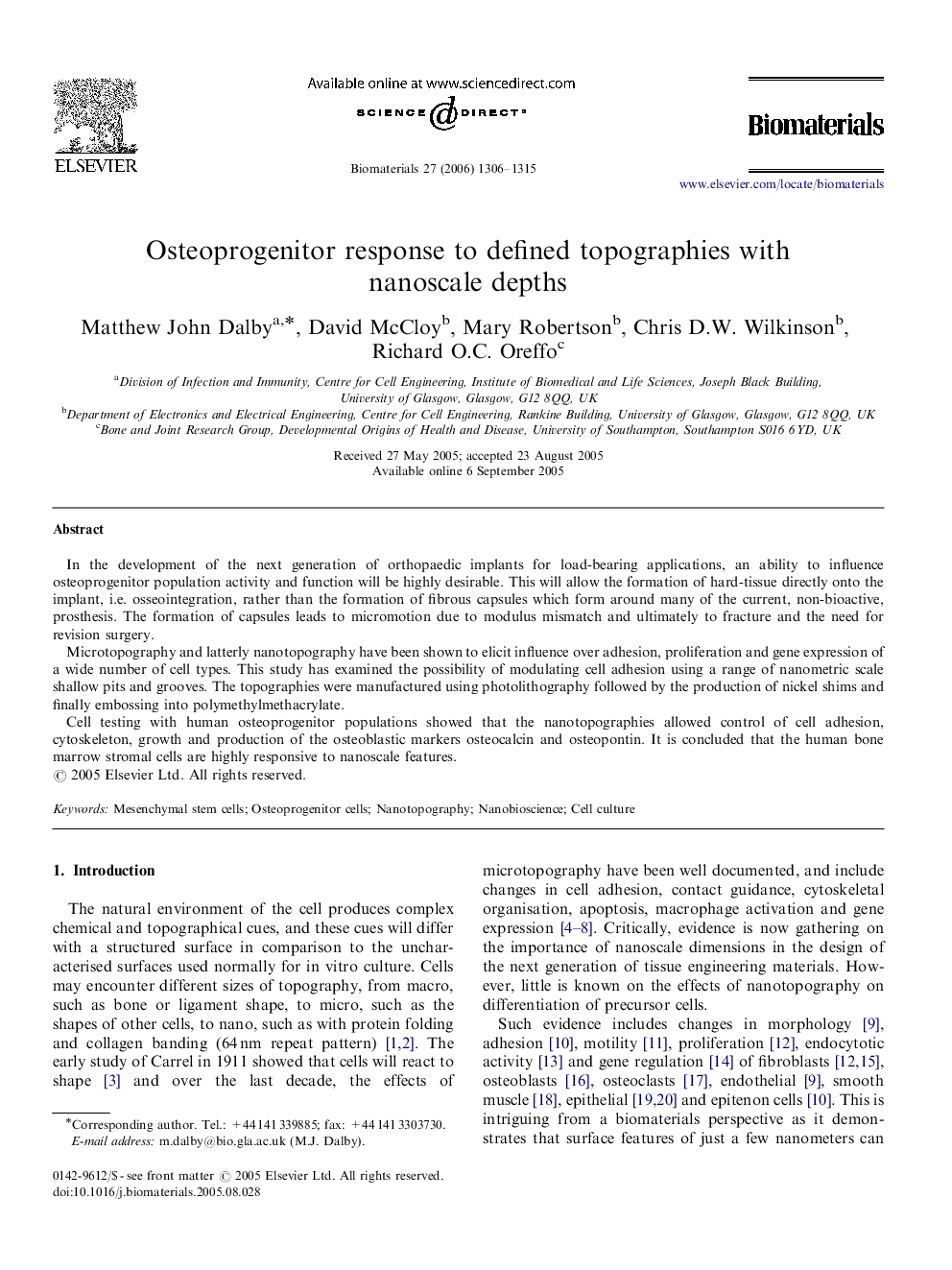 Osteoprogenitor response to defined topographies with nanoscale depths