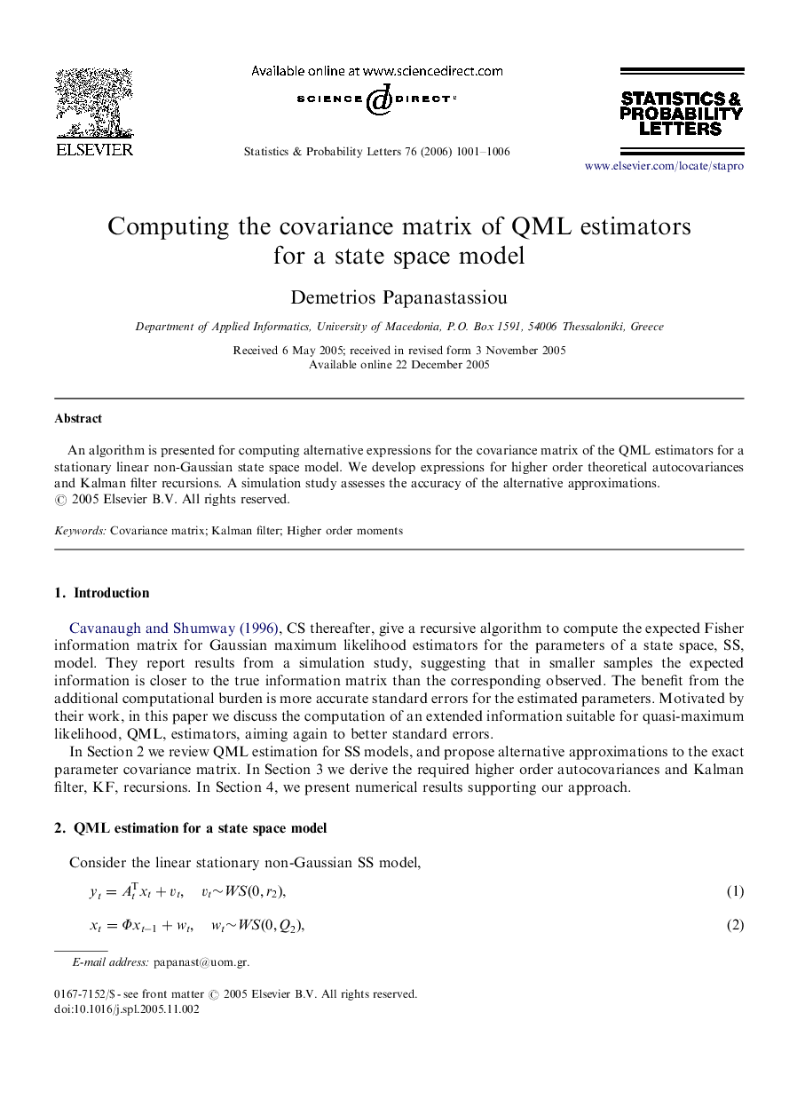 Computing the covariance matrix of QML estimators for a state space model