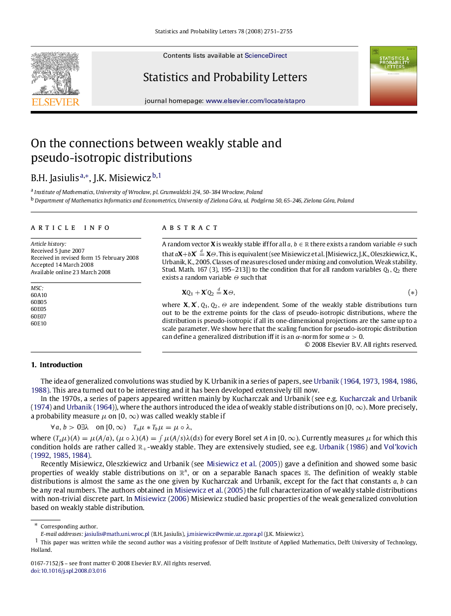 On the connections between weakly stable and pseudo-isotropic distributions