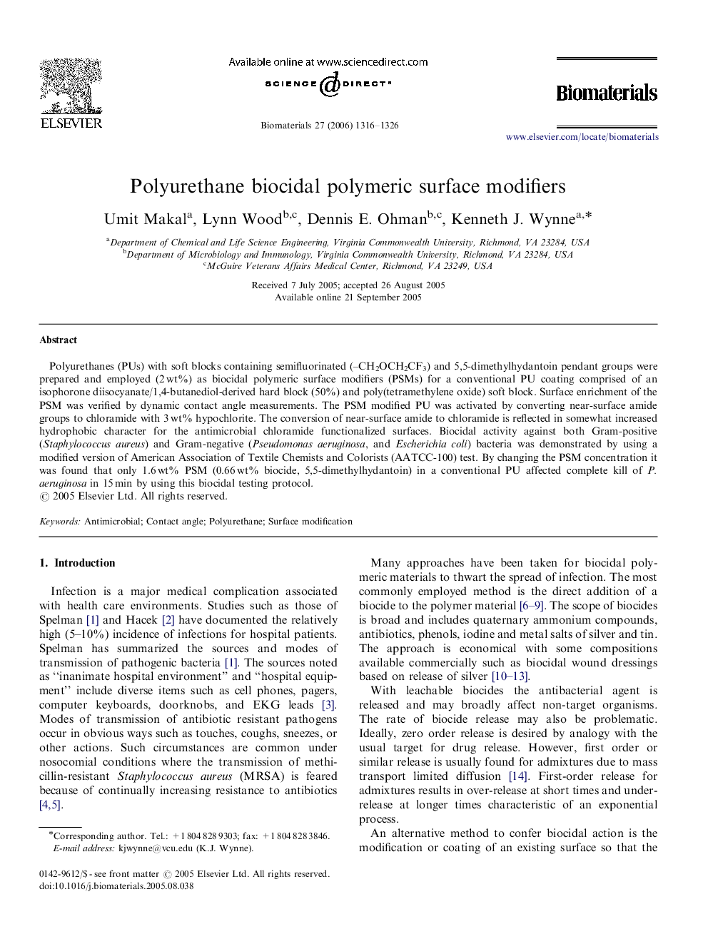 Polyurethane biocidal polymeric surface modifiers