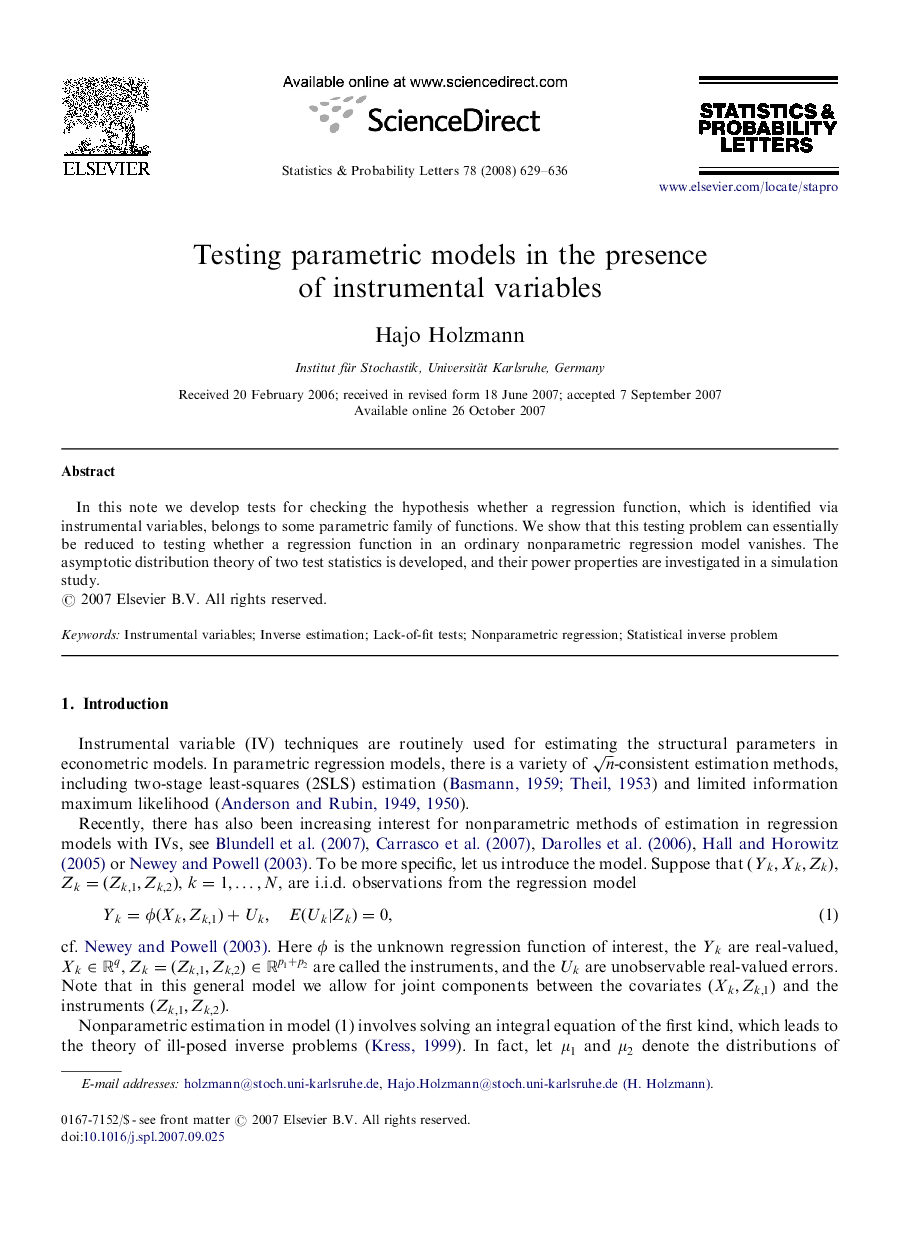 Testing parametric models in the presence of instrumental variables